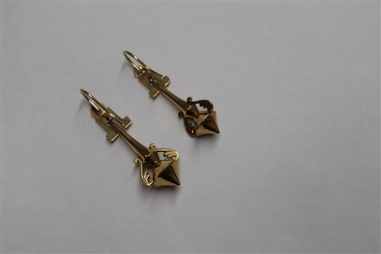 A near pair of ornate 19th century yellow metal drop earrings, 48mm & 52mm.